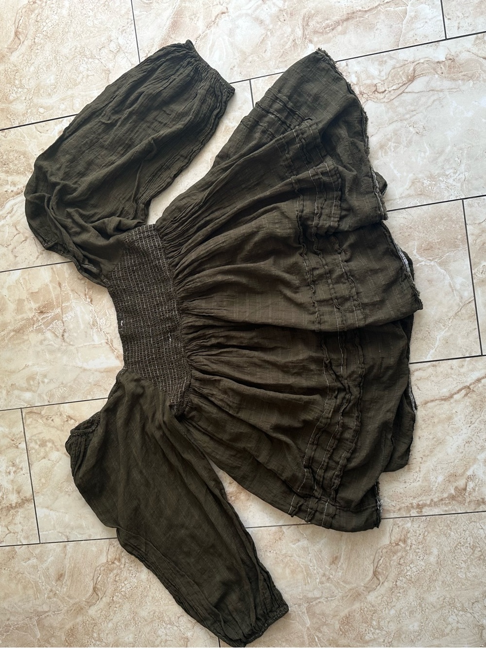 Free People Olive Peasant Tunic with Smocked Waist - Picture 6 of 9